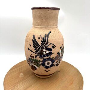 Vintage Tonala Bird Flower Vase Pottery Hand Painted Signed neutral color palett